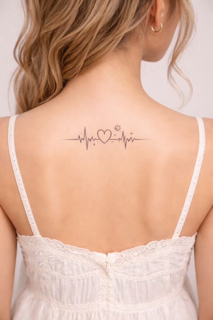 13. Heartbeat Symbol Upper Back Tattoo for Women