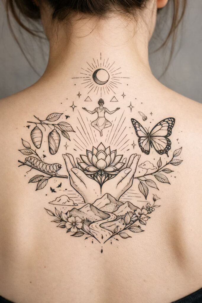 3. Lotus Bloom Upper Back Tattoo