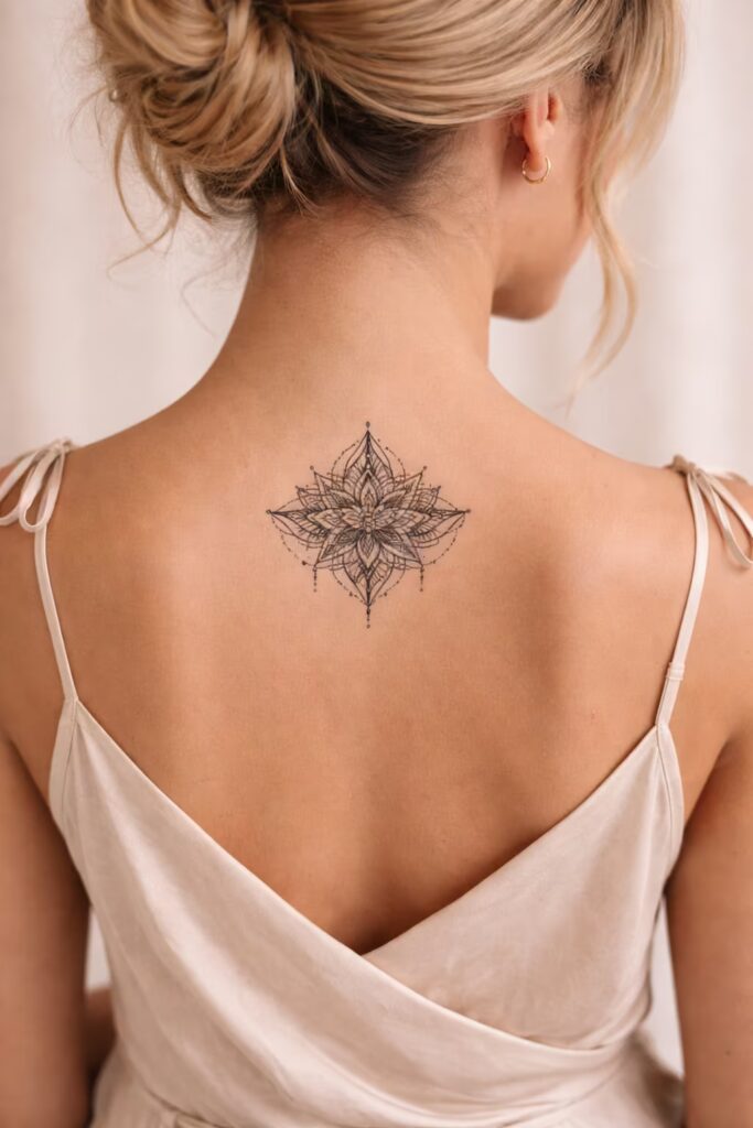 17. Lotus Mandala Conqueror Women Upper Back Tattoo
