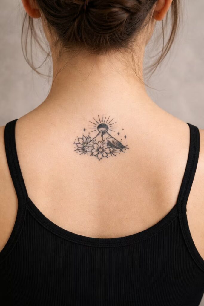 5. Mountain Sunrise Upper Back Tattoo