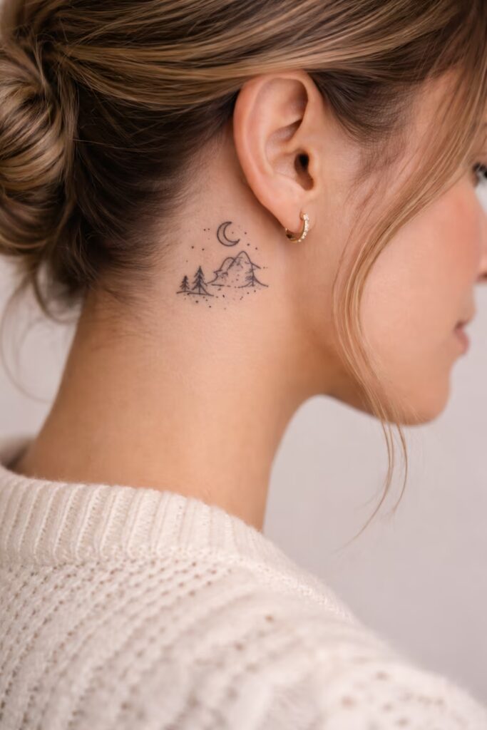 Nature-Inspired Mini Mountain Scene Behind the Ear Tattoos