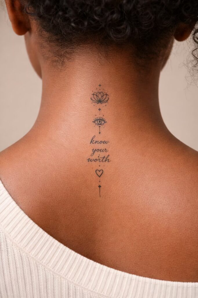 2. Self-Worth Vertical Design Tattoo at the Back of Neck