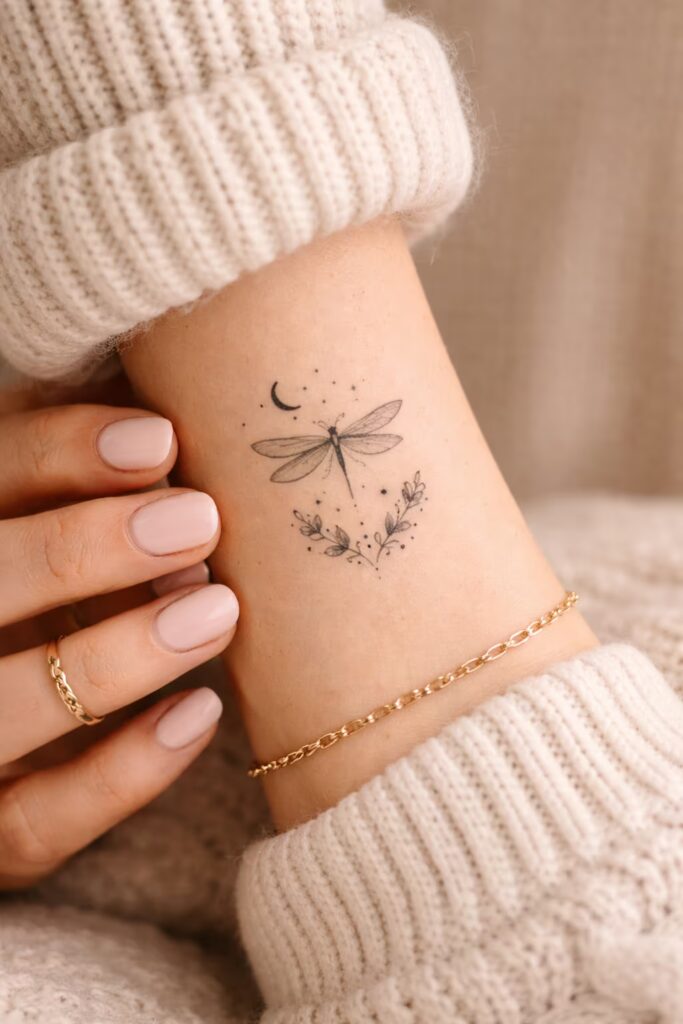 Wrist Dragonfly Tattoos for Women with Crescent Moon and Wildflowers