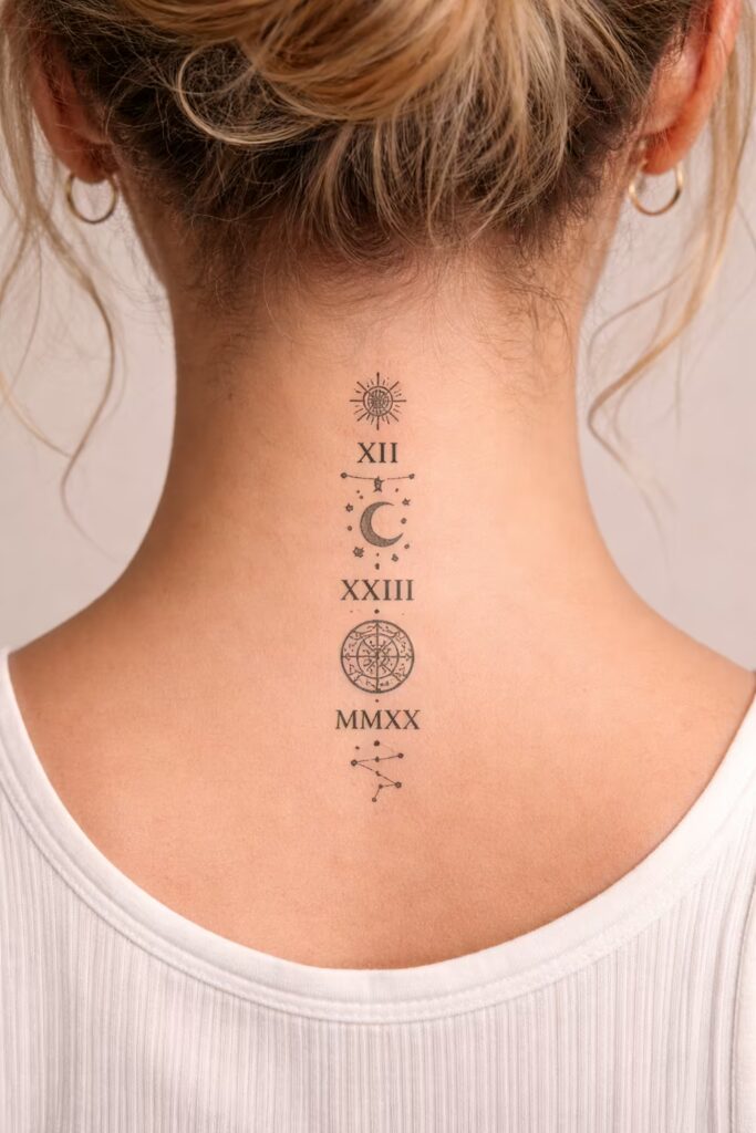 12. Zodiac Roman Numerals Back of the Neck Tattoo