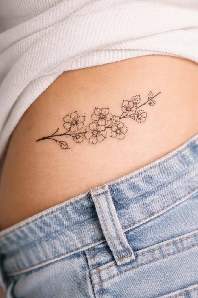 7. Cherry Branch Floral Hip Tattoo
