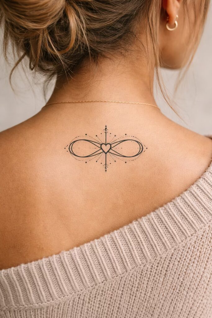2. Infinity with Cross and Heart Spiritual Tattoo Ideas upper back