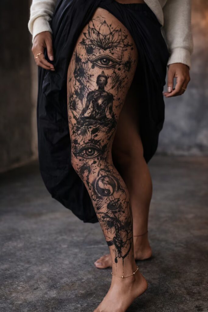 Abstract Awakening – Full Leg Tattoos for Women (Lotus & Iris Fusion)