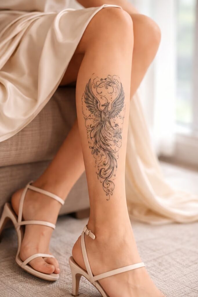 Art Nouveau Phoenix – Full Leg Tattoos for Women with Floral Accents