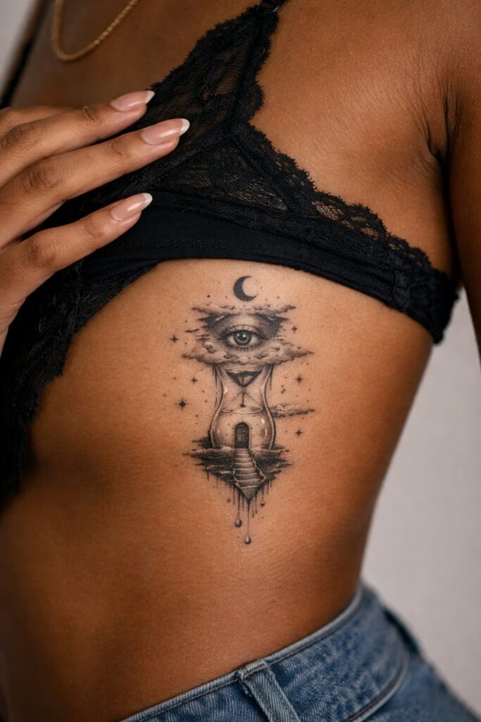 Black & Grey Surrealism Stomach Tattoo moon, evil eye cloud, rib