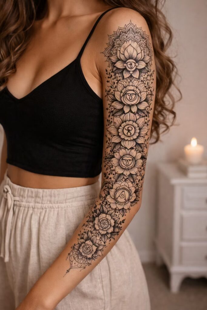 Chakra Blossom Flow – Mandala & Flower Tattoo Sleeve (Lotus Chakra Series)