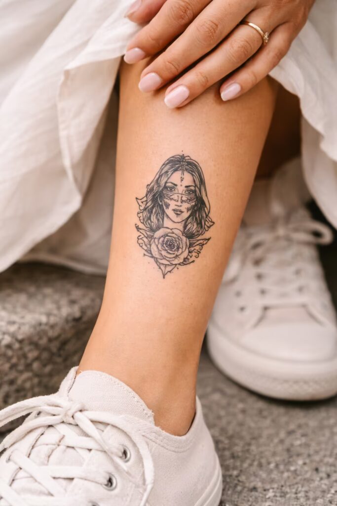 Chicano Line Art Shin Tattoo