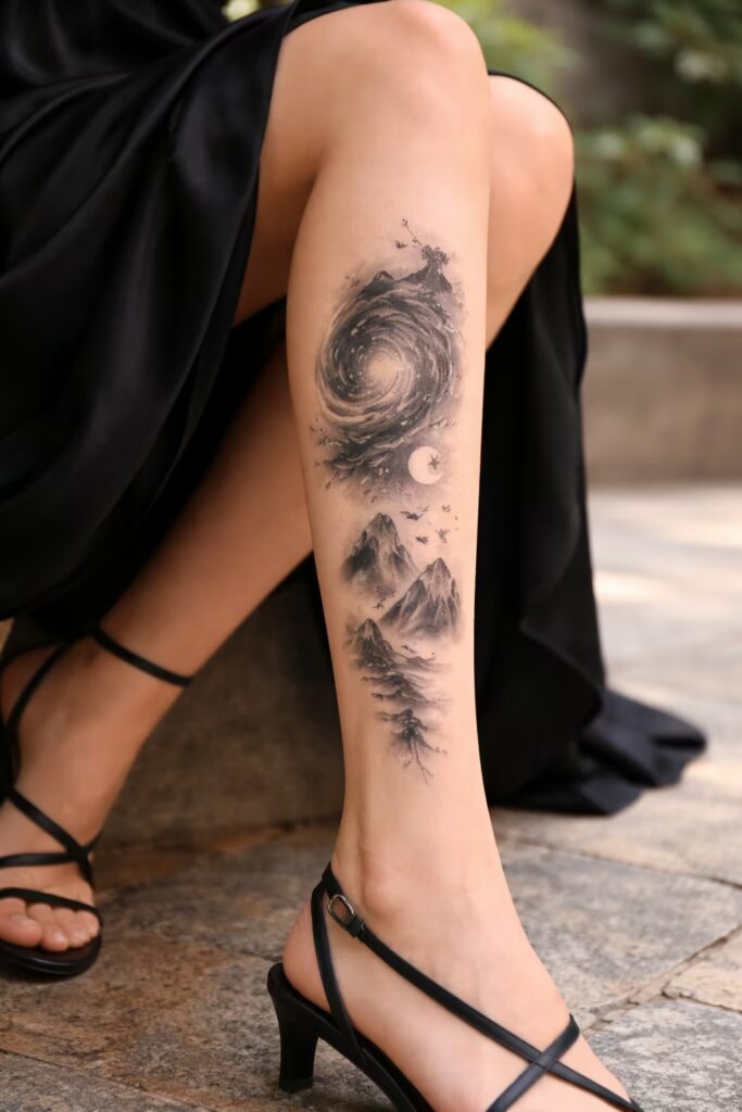 Chinese Ink Cosmic Galaxy – Full Leg Tattoos for Women with Lotus Essence