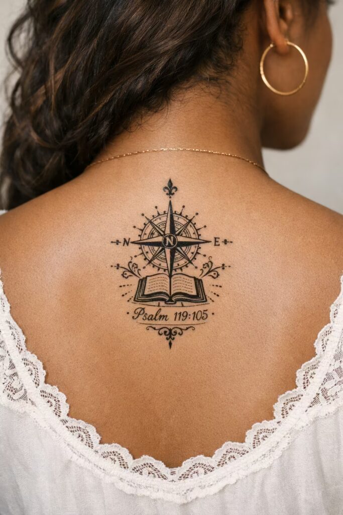 Compass and Scripture Spiritual Tattoo Ideas, quote, book upper back