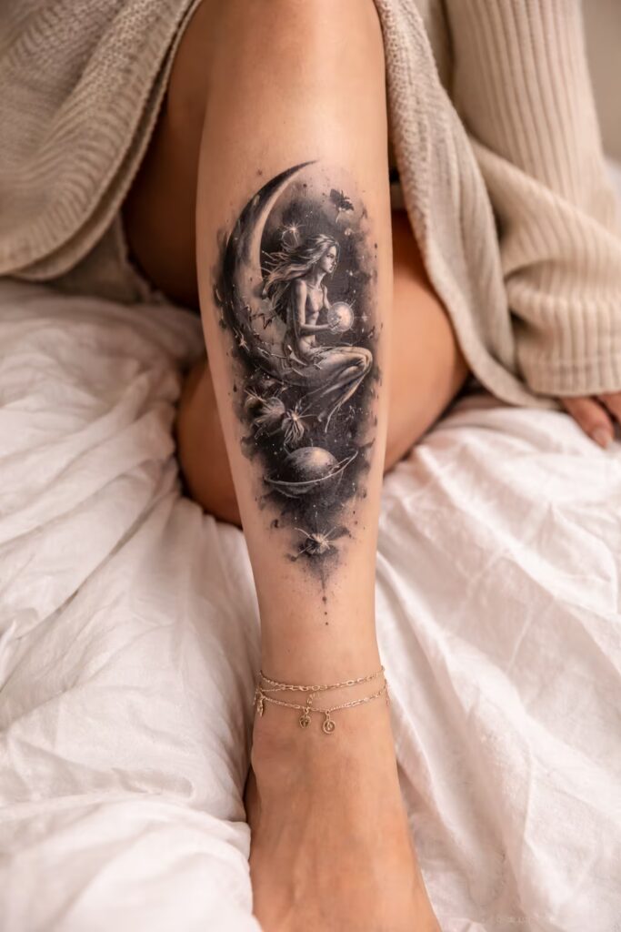 Cosmic Dreams Realism Shin Tattoos