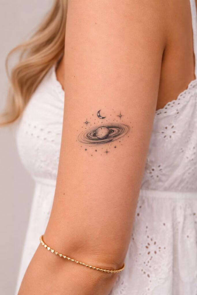 Cosmic Galaxy Dotwork – Spiritual Tattoo Ideas sleeve upper arm moon stars tattoo