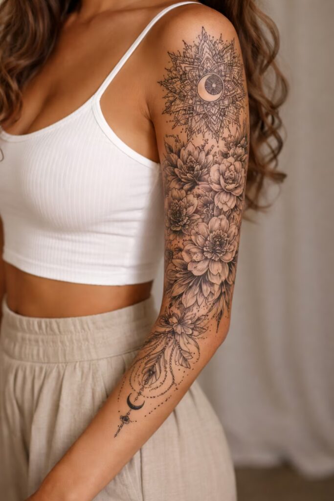 Eternal Bloom Cycle – Mandala & Flower Tattoo Sleeve (Peony & Lotus)
