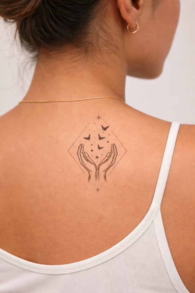 Geometric Hands Releasing Birds – Spiritual Tattoo Ideas behind the back, hand bird star tattoo