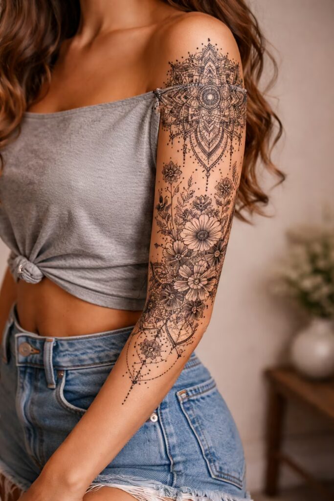 Geometric Wildflowers – Mandala & Flower Tattoo Sleeve (Daisy & Lavender)
