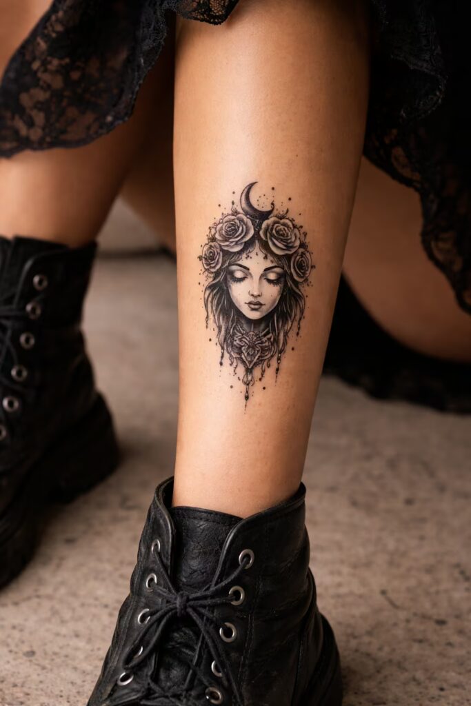 Gothic Feminine Beauty Shin Tattoos A Dark Elegance