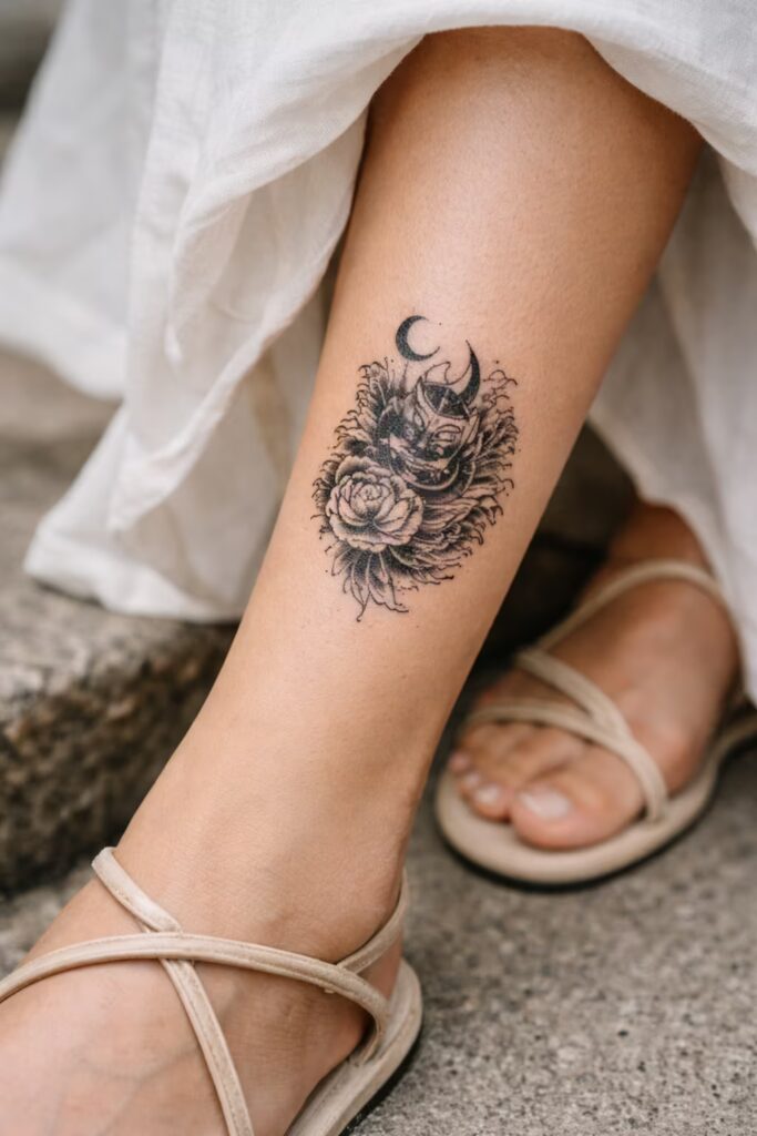Japanese Irezumi Blackwork Shin Tattoo