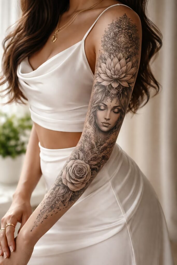 Lotus Awakening Mandala & Flower Tattoo Sleeve