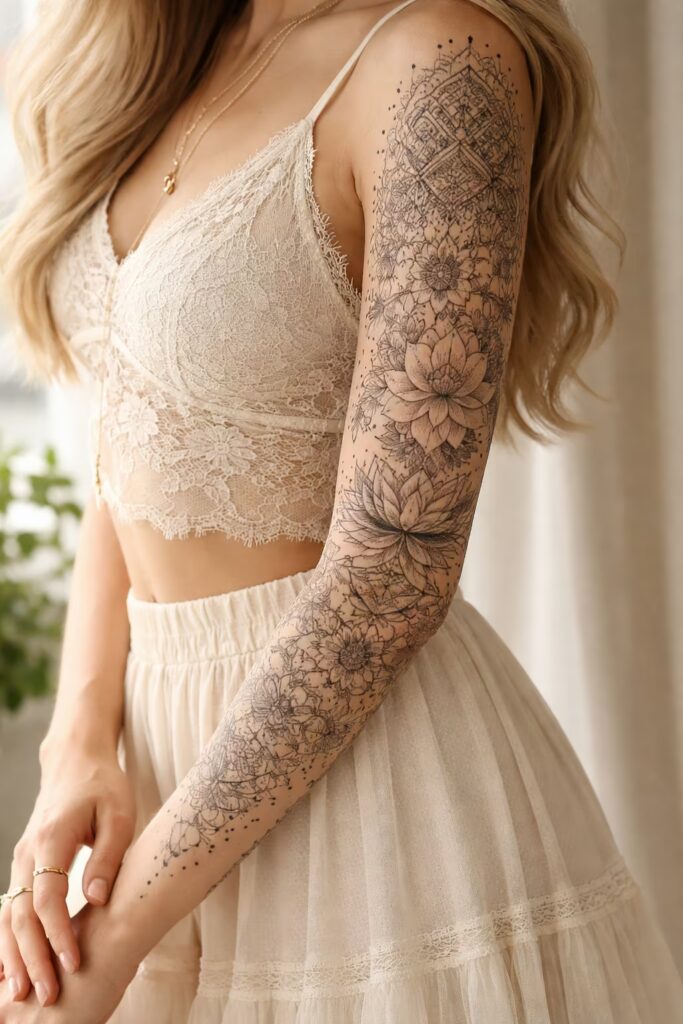 Mandala Daisy Chain Mandala & Flower Tattoo Sleeve