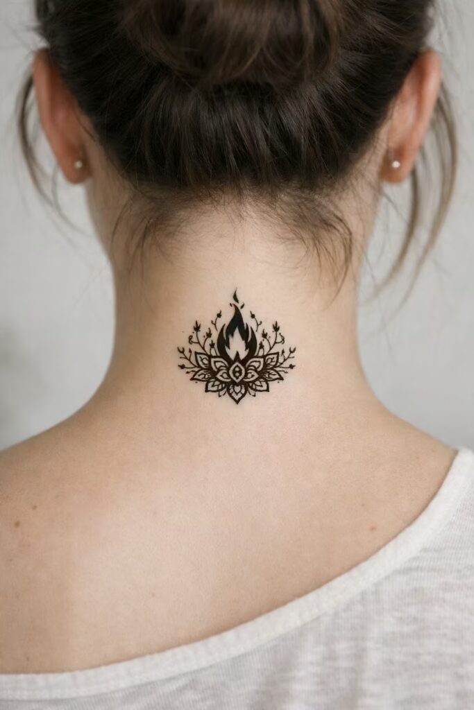 Mandala Flame Spiritual Tattoo Ideas behind the neck lotus tattoo