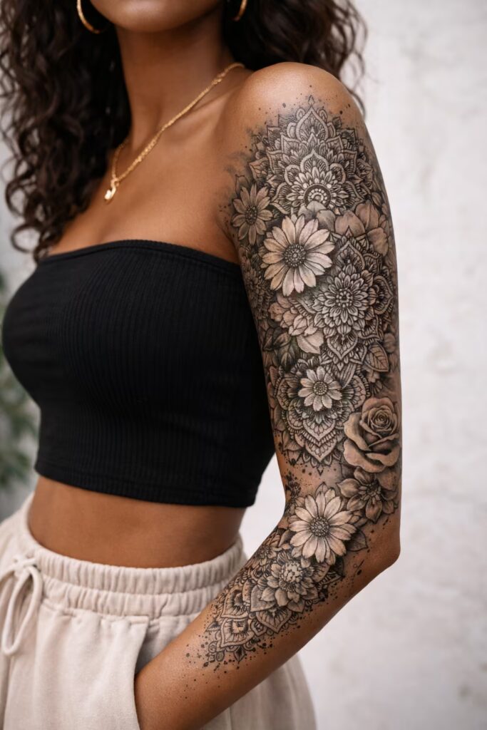 Mandala & Flower Tattoo Sleeve – Botanical Mandala Harmony