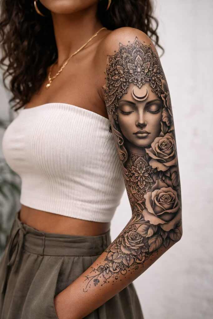 Mandala & Flower Tattoo Sleeve – Divine Feminine Rose