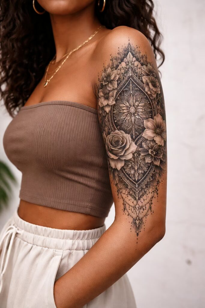 Mandala & Flower Tattoo Sleeve – Floral Mandorla Rose Composition