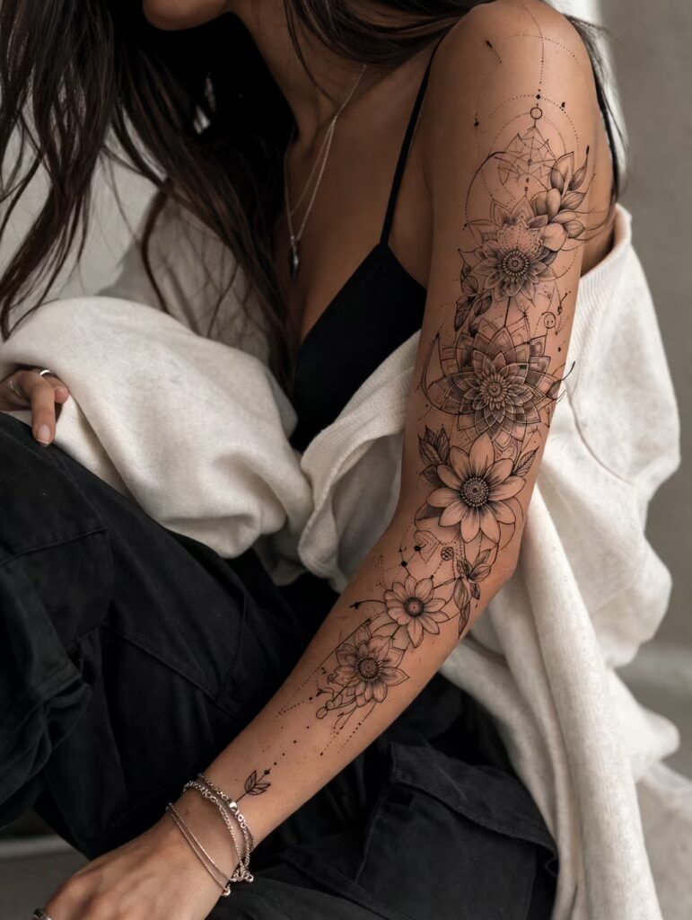 Mandala & Flower Tattoo Sleeve – Infinite Bloom Pattern