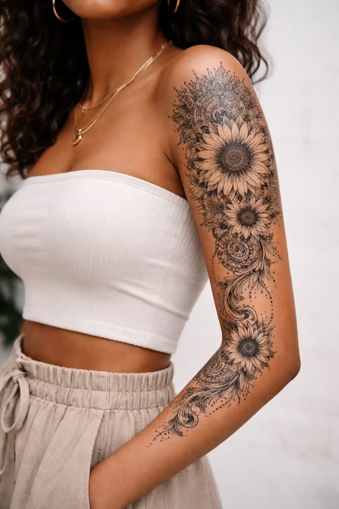 Mandala & Flower Tattoo Sleeve – Sunflower Radiance