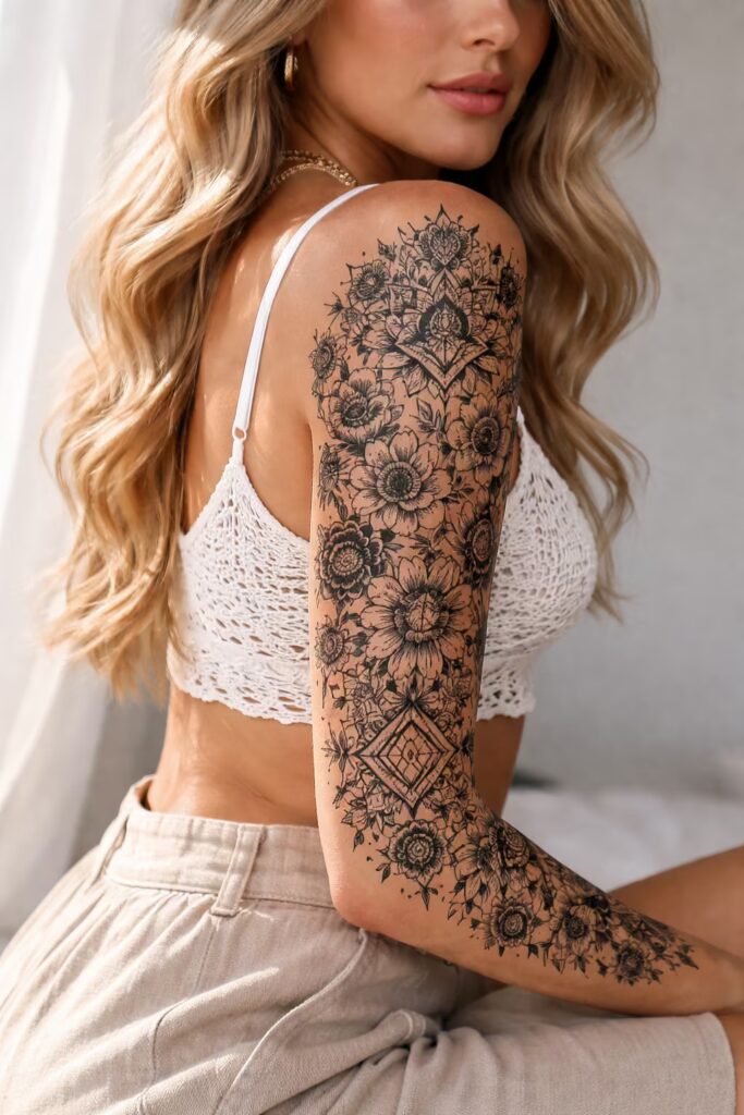 Mandala Meadow – Bold Graphic Mandala & Flower Tattoo Sleeve