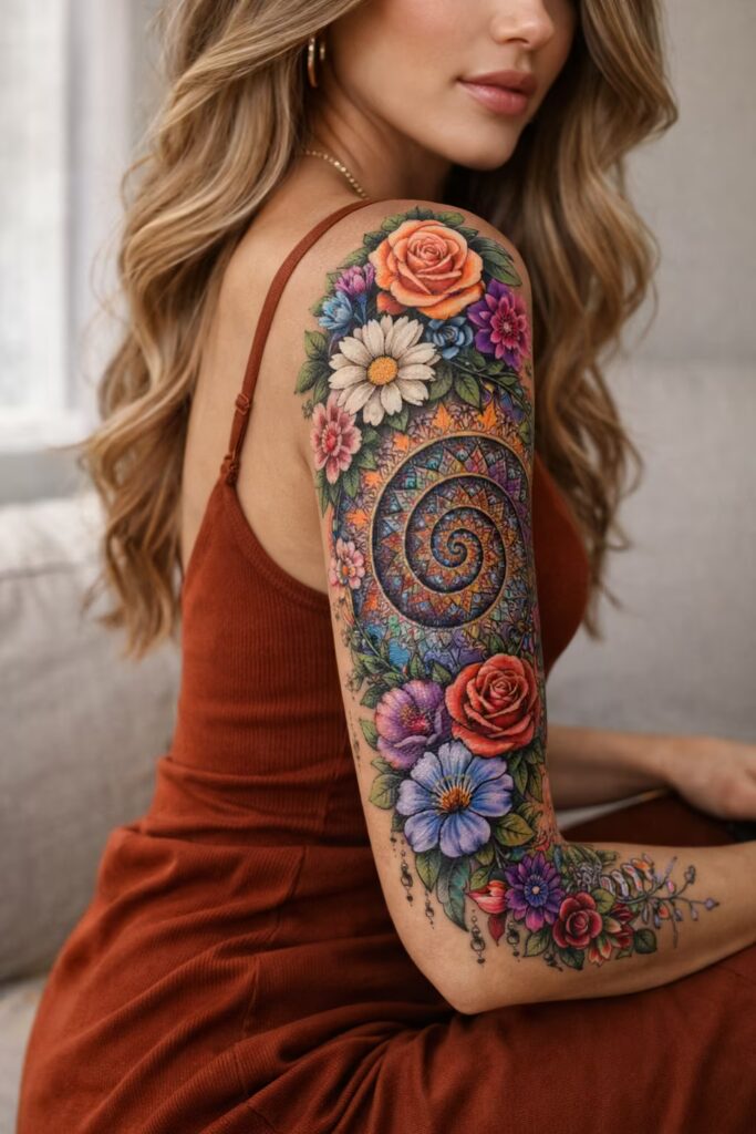 Mandala Orchid Grace – Stippling Mandala & Flower Tattoo Sleeve
