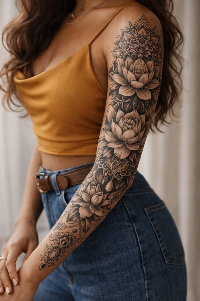 Mandorla Rose Mandala & Flower Tattoo Sleeve