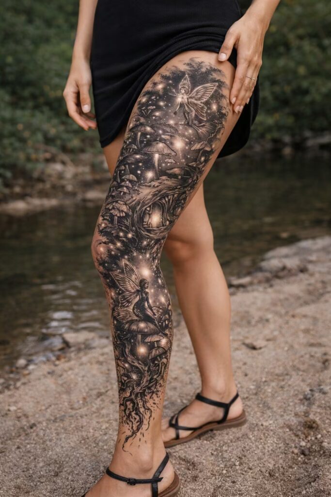 Micro Realism Fairy Realm Full Leg Tattoos for Women