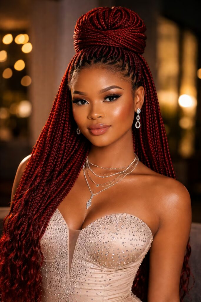 Modern Layered Knotless Braids Hairstyle Ideas with Crown Elegance