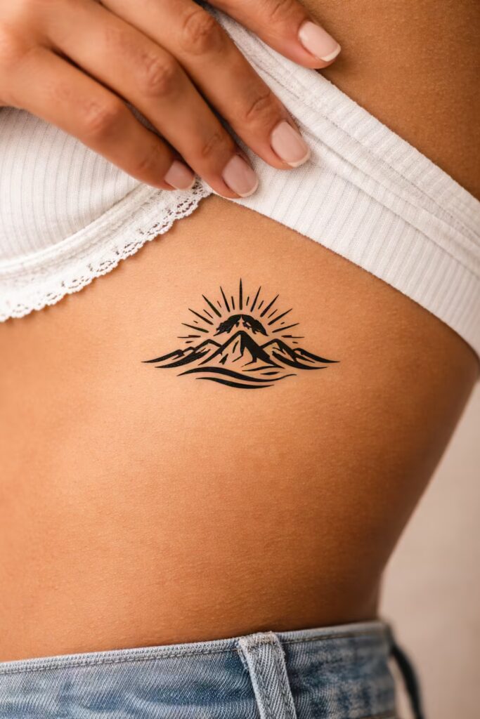 Mountain and Rising Sun Spiritual Tattoo Ideas rib tattoo