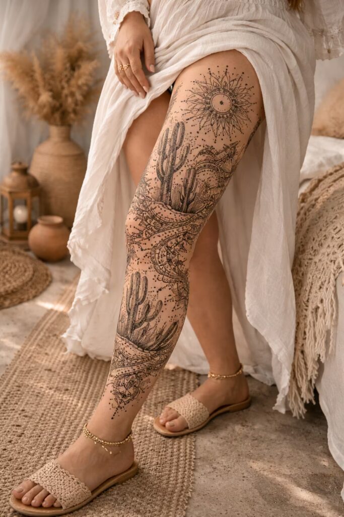 Mystic Botanical Journey — a full leg tattoo
