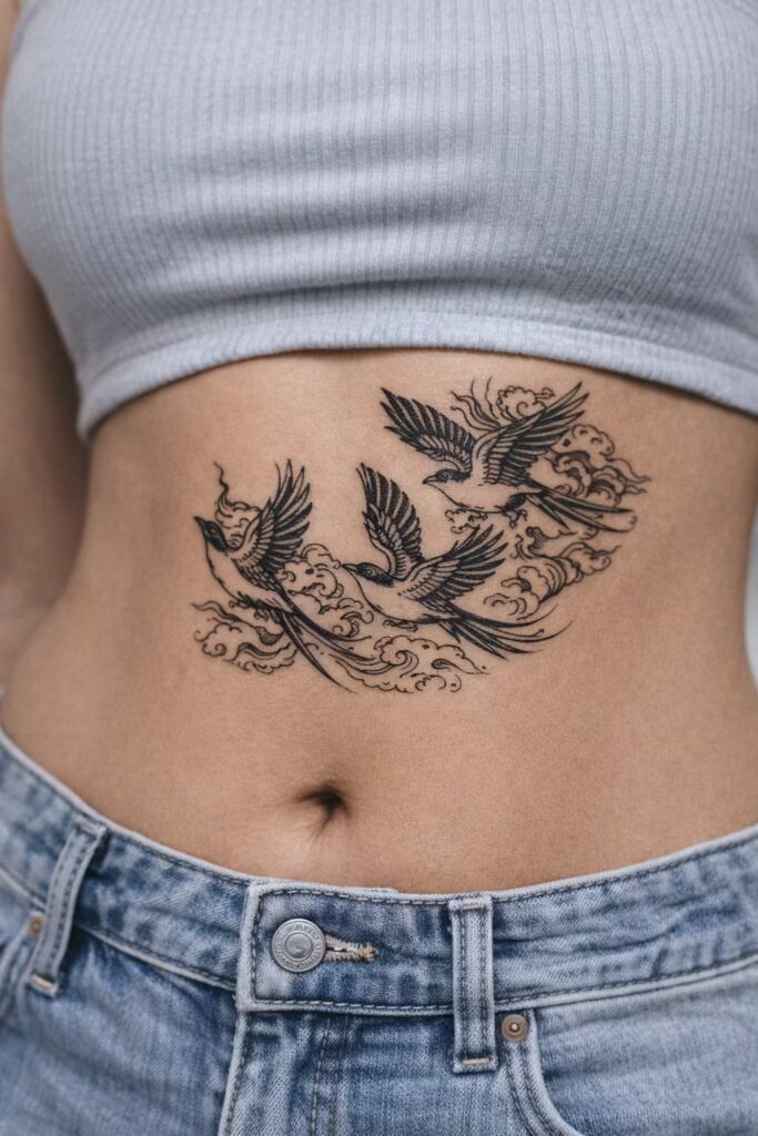 Neo-Japanese Bird in Flight Stomach Tattoos
