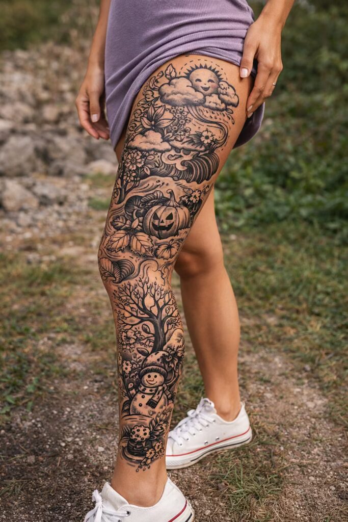 New School Seasons Transition Full Leg Tattoos for Women