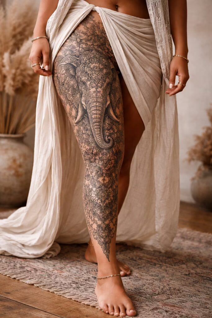 Ornamental Elephant Bloom – Full Leg Tattoos for Women (Floral Mandala Fusion)