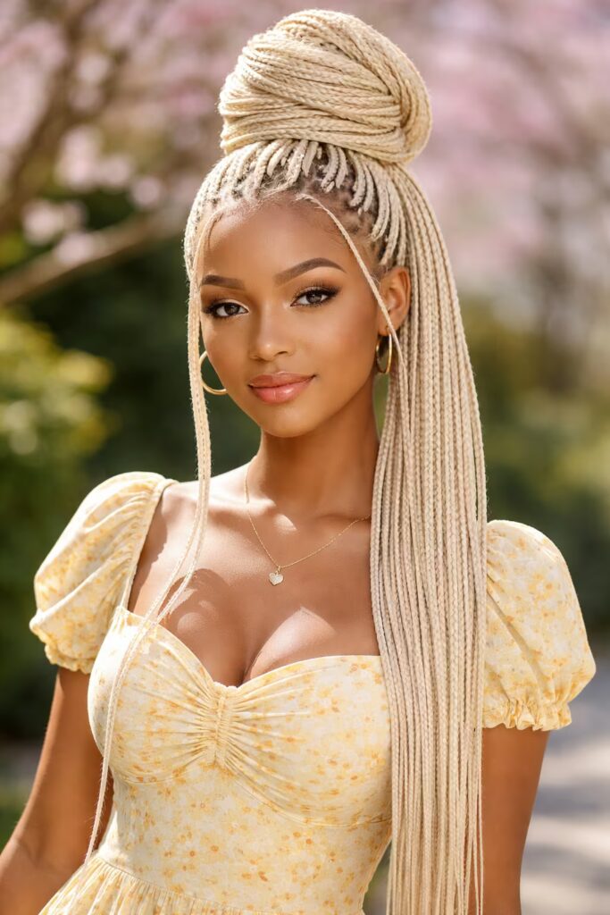 Platinum Knotless Braids Hairstyle Ideas - Extra Long Bun