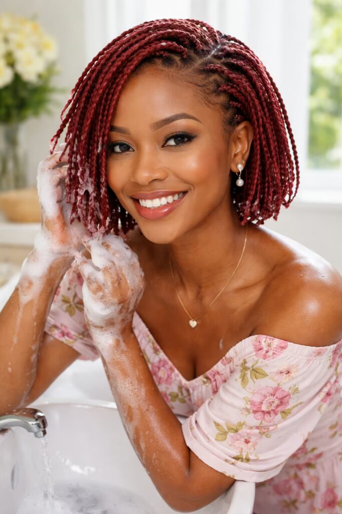 Red Short Sisterlocks Knotless Braids Hairstyle Ideas – Washing Theme