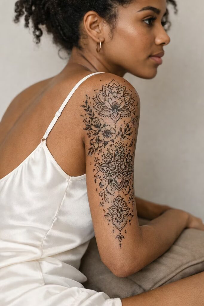 Sacred Bloom Fusion – Mandala & Flower Tattoo Sleeve