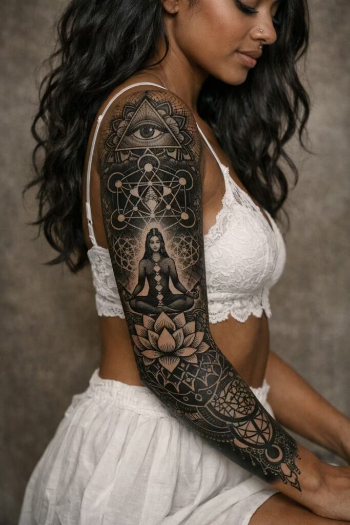 Sacred Geometry Full Sleeve – Spiritual Tattoo Ideas for Women with lotus, evil eye arm tattoo