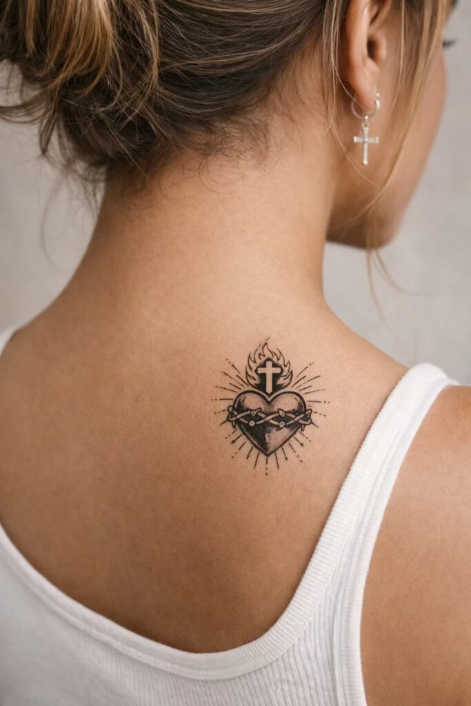 Sacred Heart Chicano Style Spiritual Tattoo Ideas cross flame upper back, shoulder
