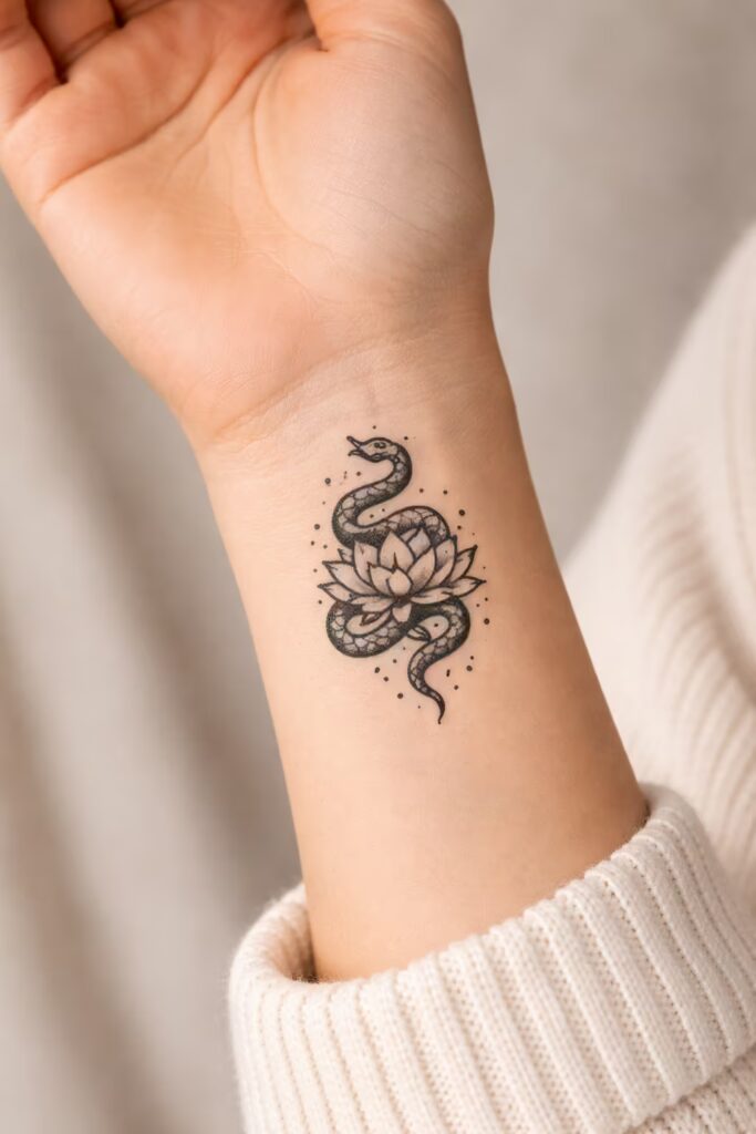 Serpent and Lotus Spiritual Tattoo Ideas, wrist floral, flower, snake