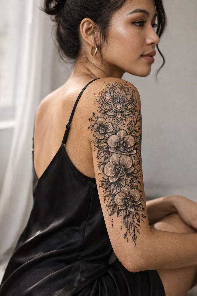 Spiral Mandala Garden – Mandala & Flower Tattoo Sleeve