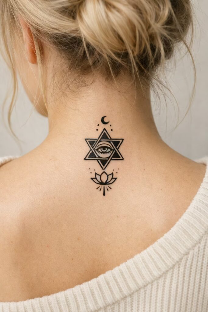 Star of David Spiritual Tattoo Ideas behind the neck lotus eye moon tattoo flower